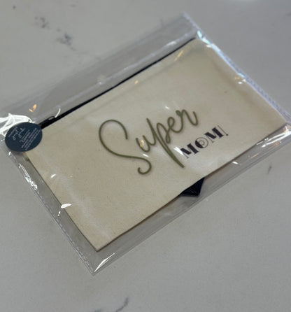 Packaged card with 'Super Mom!' text on a white surface
